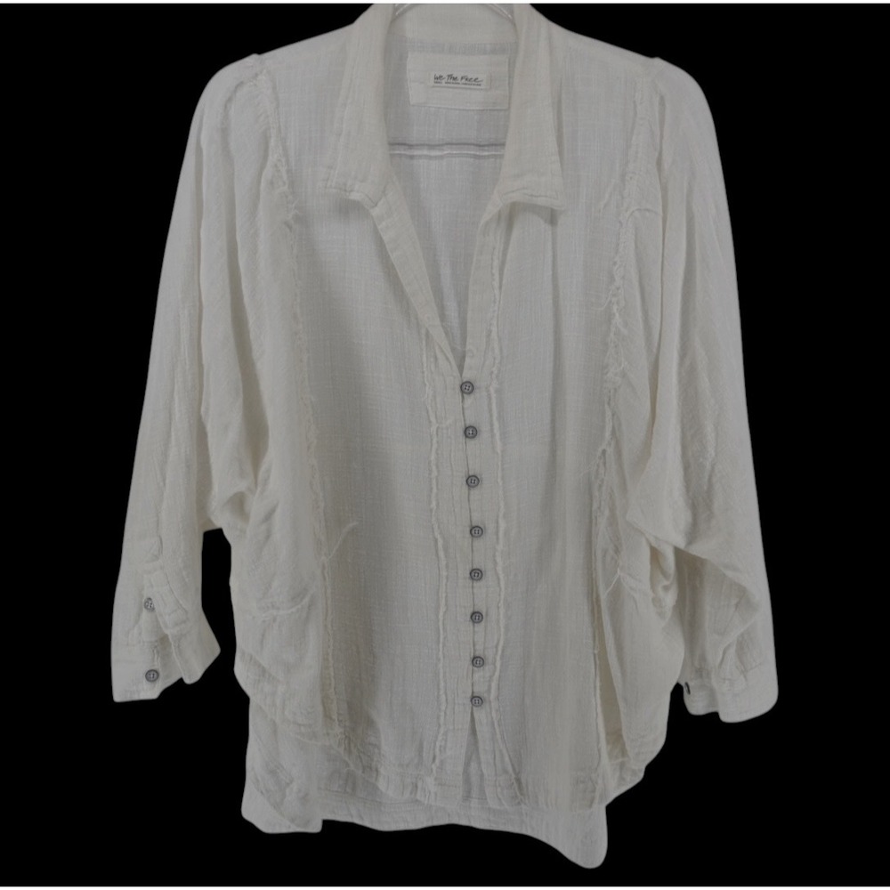 We The Free Free People White Gauze Frayed Seam Button Down Top Small Boho